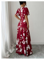 Elegant Exquisite Women'S Burgundy White Floral Print Dress Round Neck Ruffle Short Sleeve Waist Cinched A-Line Maxi Dress Fashion Temperament Piece for Evening Party Wedding Vacation - Red
