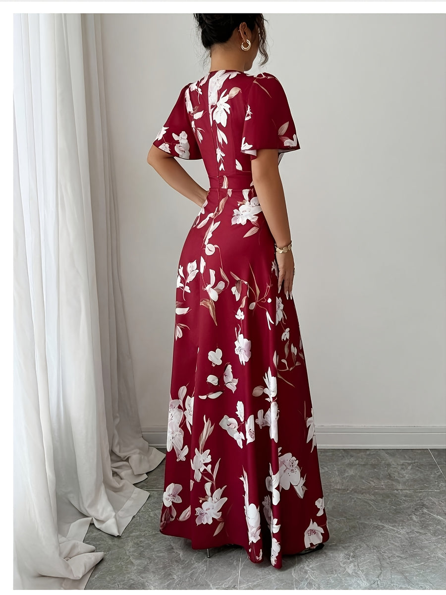 Elegant Exquisite Women'S Burgundy White Floral Print Dress Round Neck Ruffle Short Sleeve Waist Cinched A-Line Maxi Dress Fashion Temperament Piece for Evening Party Wedding Vacation - Red