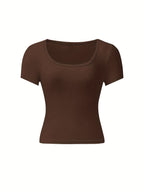 4pcs Set U-Neck Short-Sleeved T-Shirt Women'S Summer New Solid Color Slim Short All-Match Top - Brown+Black+White+Dark Gray