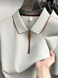 Men'S Zip-Up Polo Shirt, Summer Business Casual Contrast Collar Short Sleeve T-Shirt, Breathable Quick-Dry Commute Top, Men'S Athletic Polo Shirt, Summer Commute Men'S Clothing - Beige
