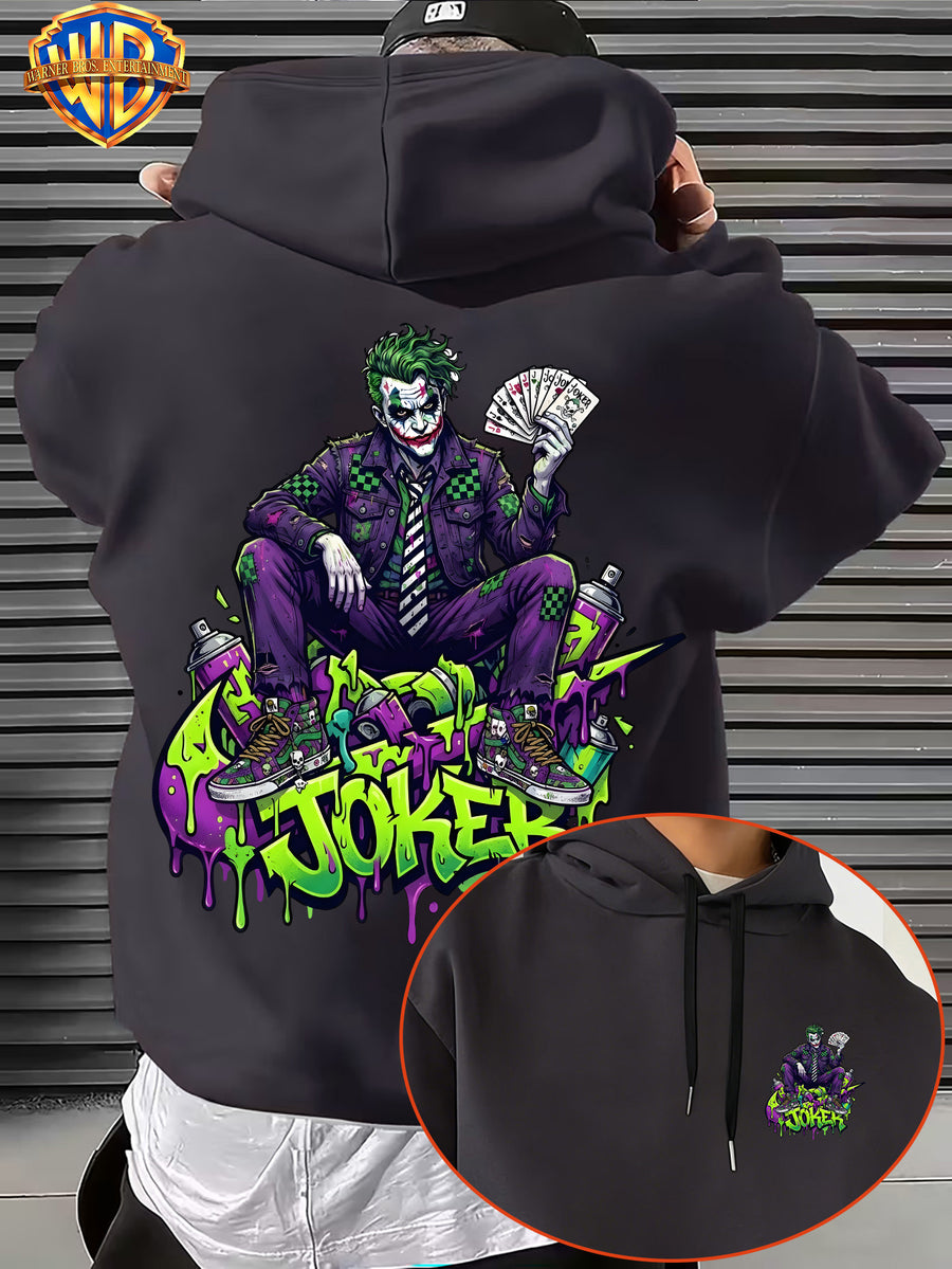 Warner Bros. JOKER Purple-Green Color Block Graffiti Art Font Spray-Painted Background Plaid Workwear Style Sneakers with Paint Drip Cool Print Men's Fashion Hooded Sweatshirt, Sleeve Print Design, Kangaroo Pocket, Drawstring Hood, Suitable for Daily - Dark Gray