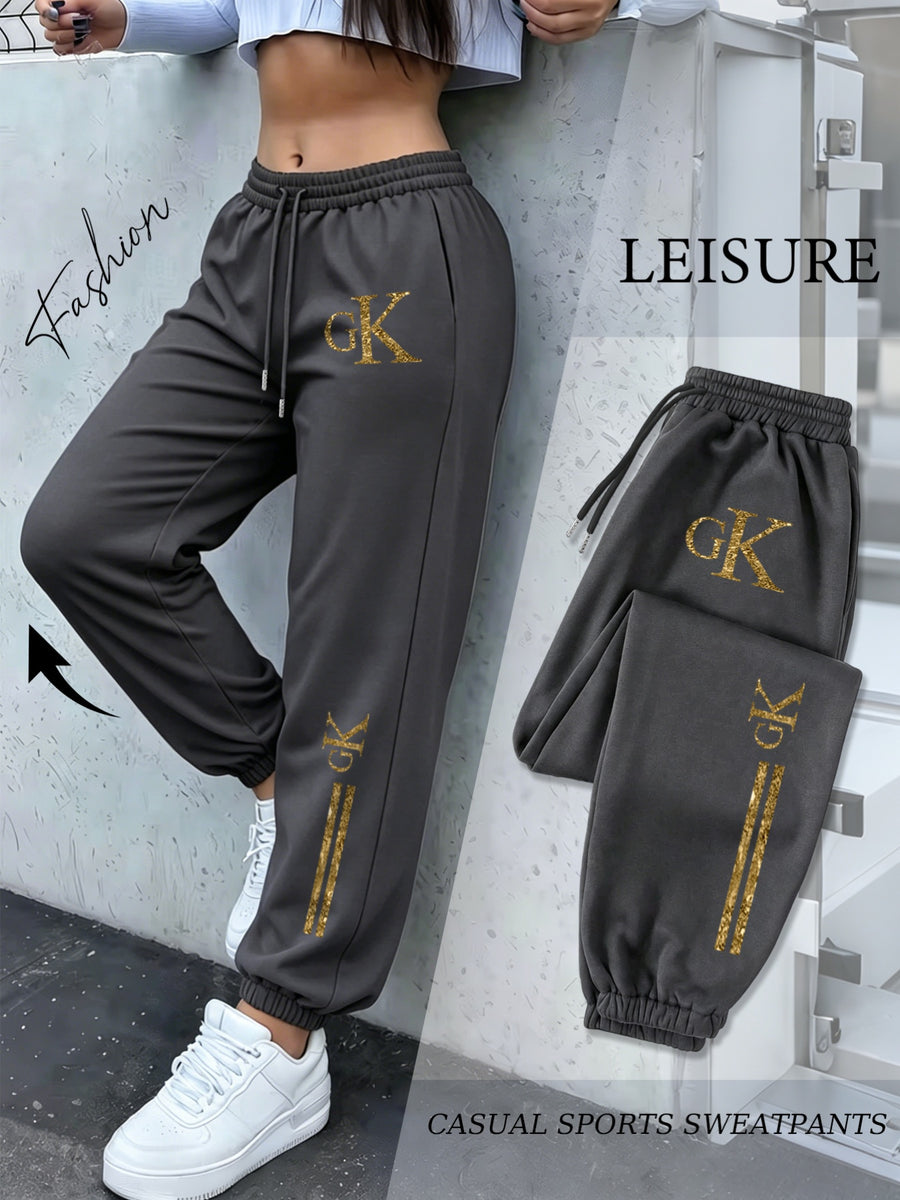 Women'S Drawstring Ankle-Cinching Sweatpants GK Letter Hot-Stamped Textured Striped Printed Casual Jogging Trousers - Dark Gray
