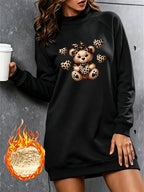 Leopard Print Bow Bear Heart Pattern Half-Neck Long Plush Fleece Sweatshirt Women'S Loose Casual Sweatshirt Dress - Black