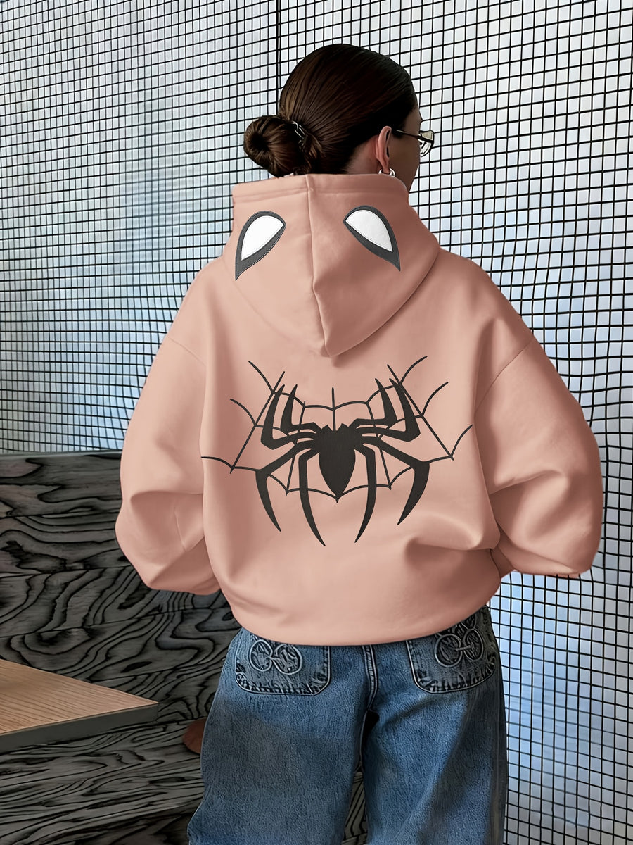 A Trendy Hooded Sweatshirt Featuring a Stylish and Versatile Spiderweb Print, Suitable for Autumn and Winter, Women's Clothing - Pink Color