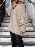 Women'S Fall Winter Casual Fashion Temperament Commute Versatile Easy Solid Color Large Round Neck Cross-Wear Sleeve Cuffed Design Loose Pullover Top - Apricot