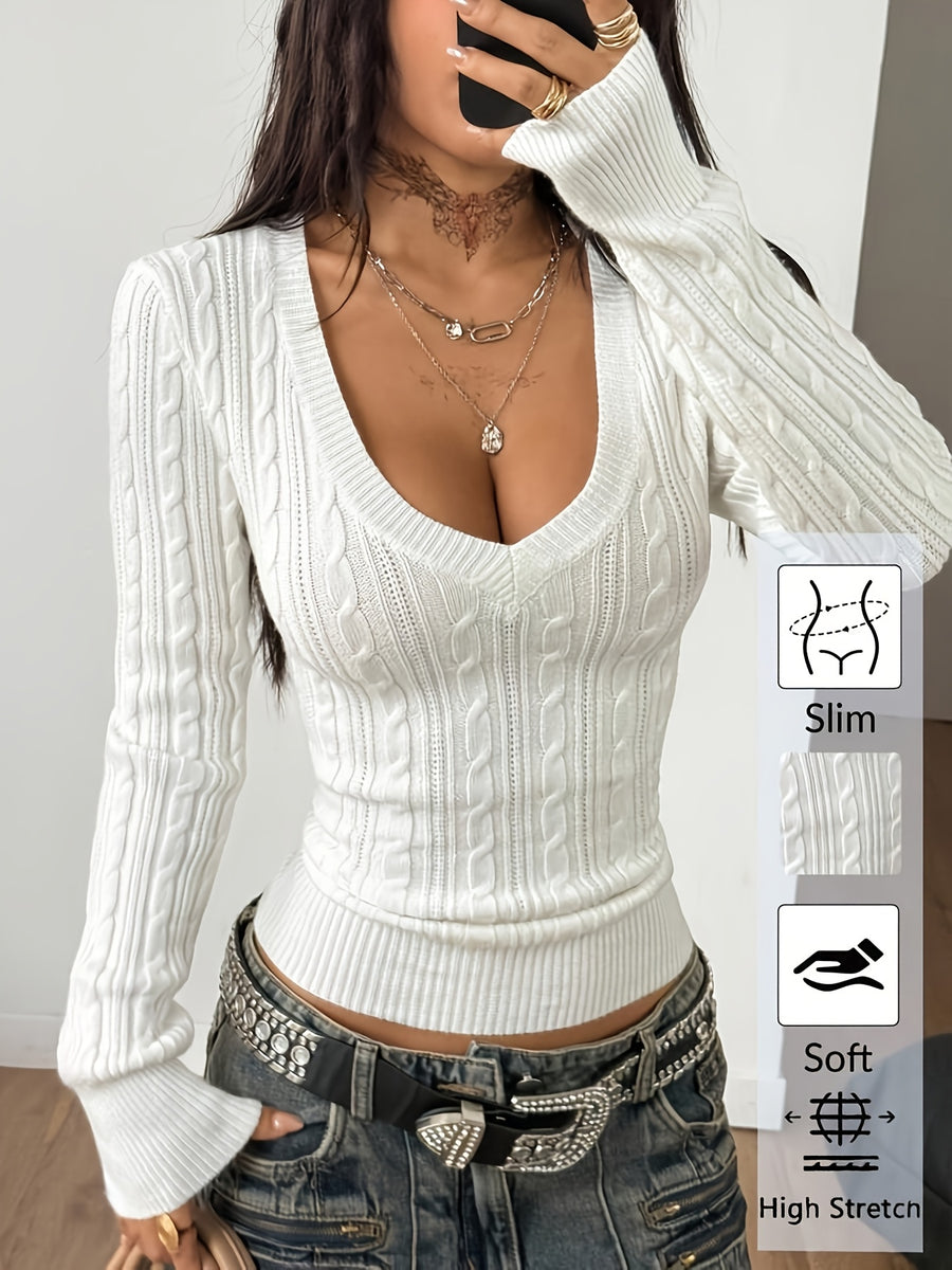 Women'S Spring/Summer Elegant Casual Ribbed V-Neck Long-Sleeved Slim Top - White