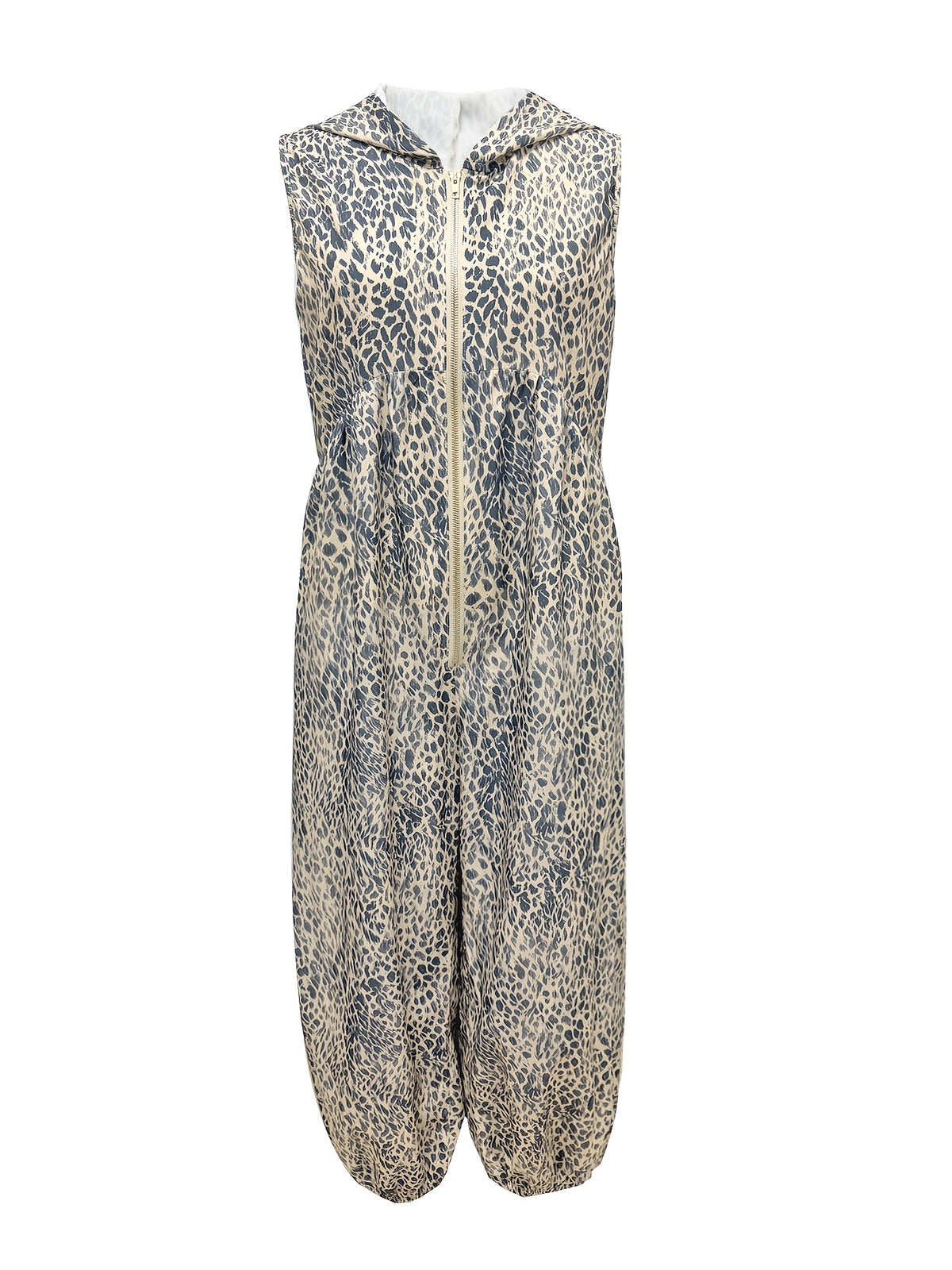 Summer Women'S Fashion Commuter City Leopard Print Printed Jumpsuit, Loose Wide-Leg Trousers, Front Center Zipper Decoration, Women'S Coverall with Hat - Mixed colors