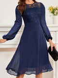 Women's Wedding Bridesmaid Dress, Chiffon Sequin Lace Long Sleeve Midi Cocktail Dress - Navy blue color