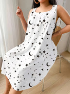 Women'S Plus Size Sleeveless Vest Dress with Star And Moon All-Over Print, Spring Summer Style, Very Comfortable Home Wear - White