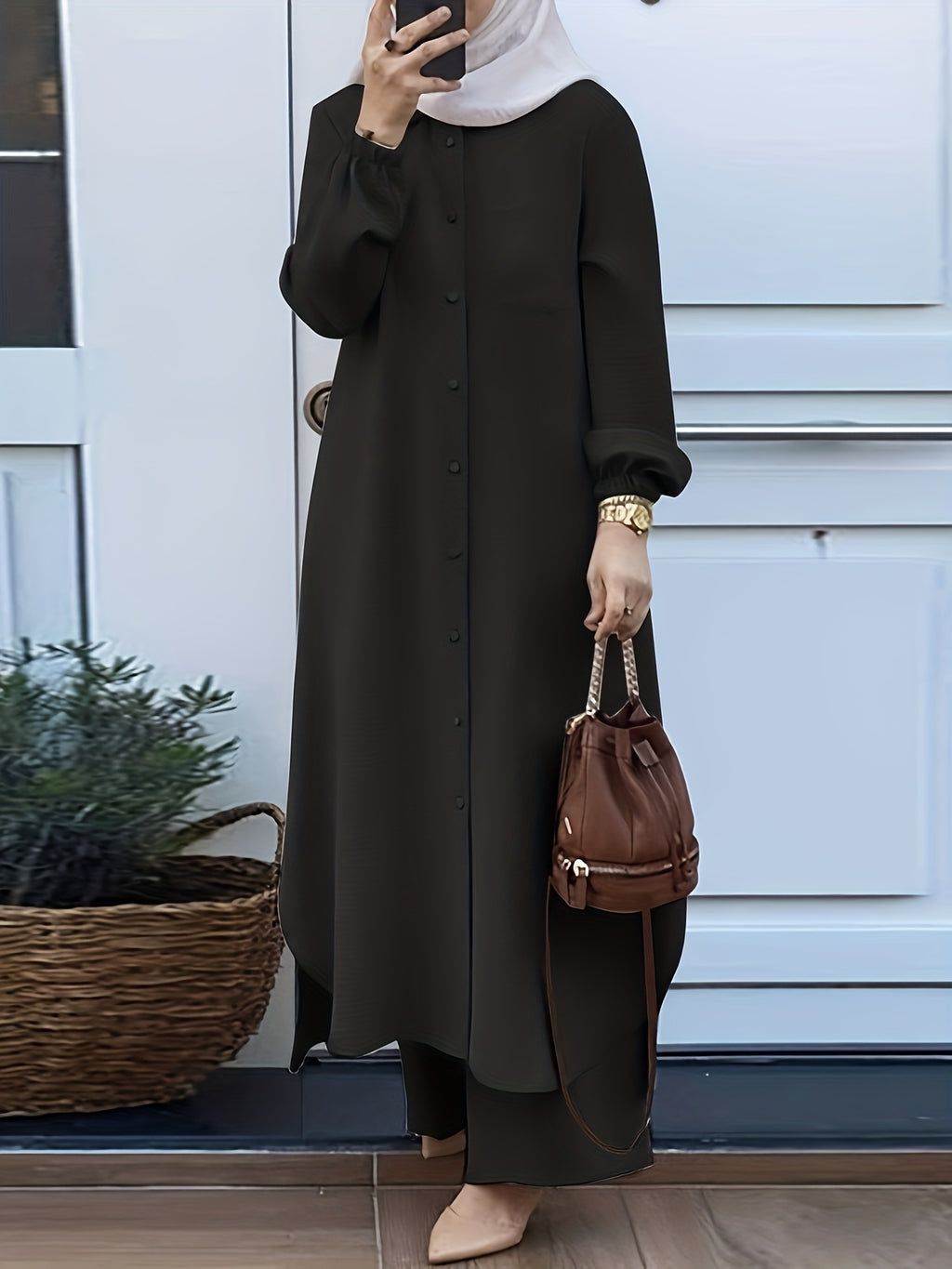 Eid | Elegant Front Button Autumn-Winter 2pcs Jilbab Set | Plain Front Button Abaya Women Modest + Loose Wide Leg Pants | Banquet, Date, Urban Commute - Black