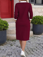 Women'S Fashionable Color-Matching Polo Collar Long-Sleeve Mid-Length Dress with Side Slit And Pocket, Loose Straight Cut, Figure-Hugging Casual Hoodie Dress - Burgundy