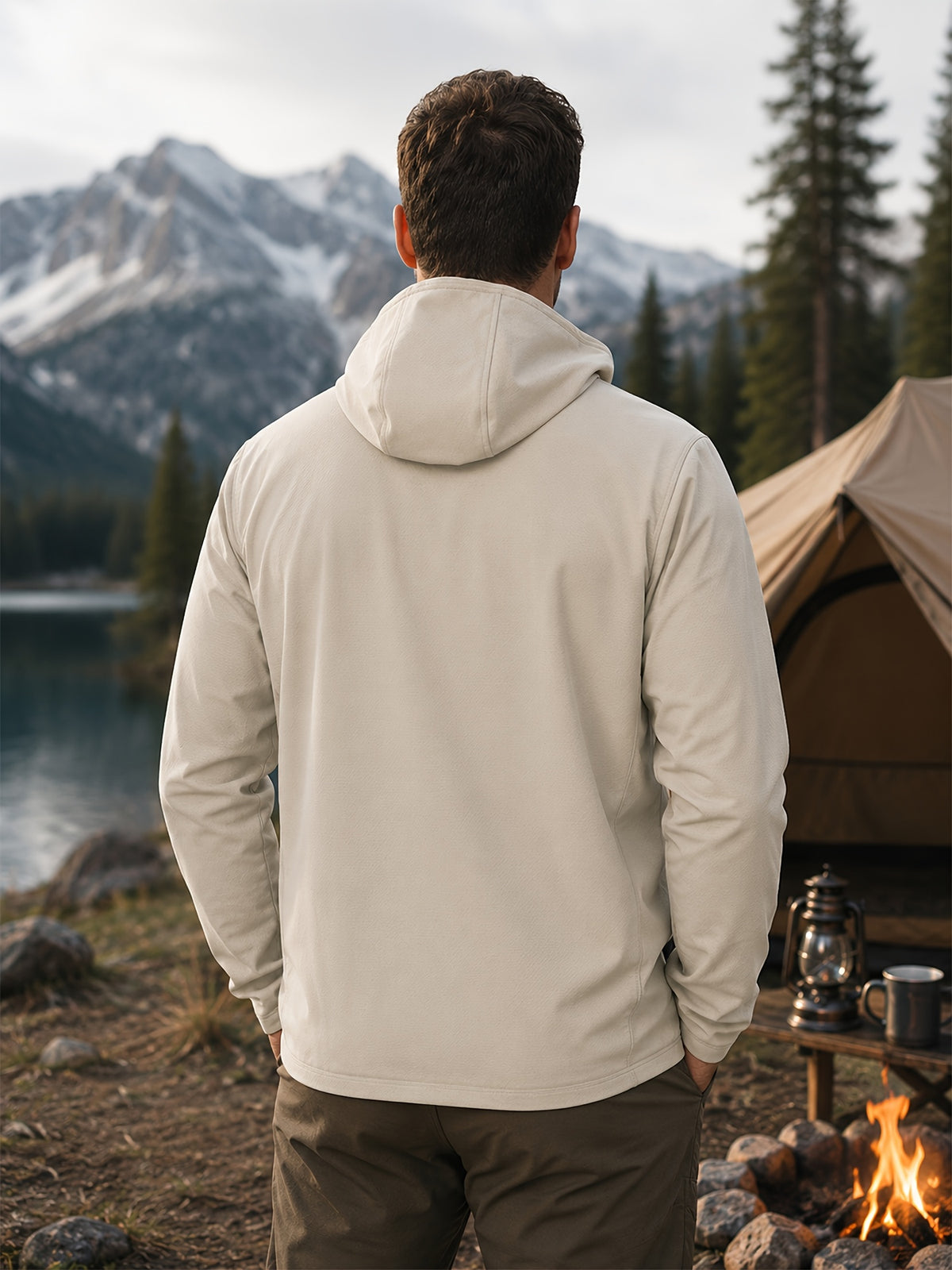 Men's Full-Zip -Lined Hooded Jacket, Lightweight Warm Softshell Outerwear, Men's Fashion Hoodie, Loose and Stretchy, Business Casual Outdoor Hoodie, Thermoregulating Top, Suitable for Office, Commuting, Travel, and Daily Autumn/Winter Wear - Apricot