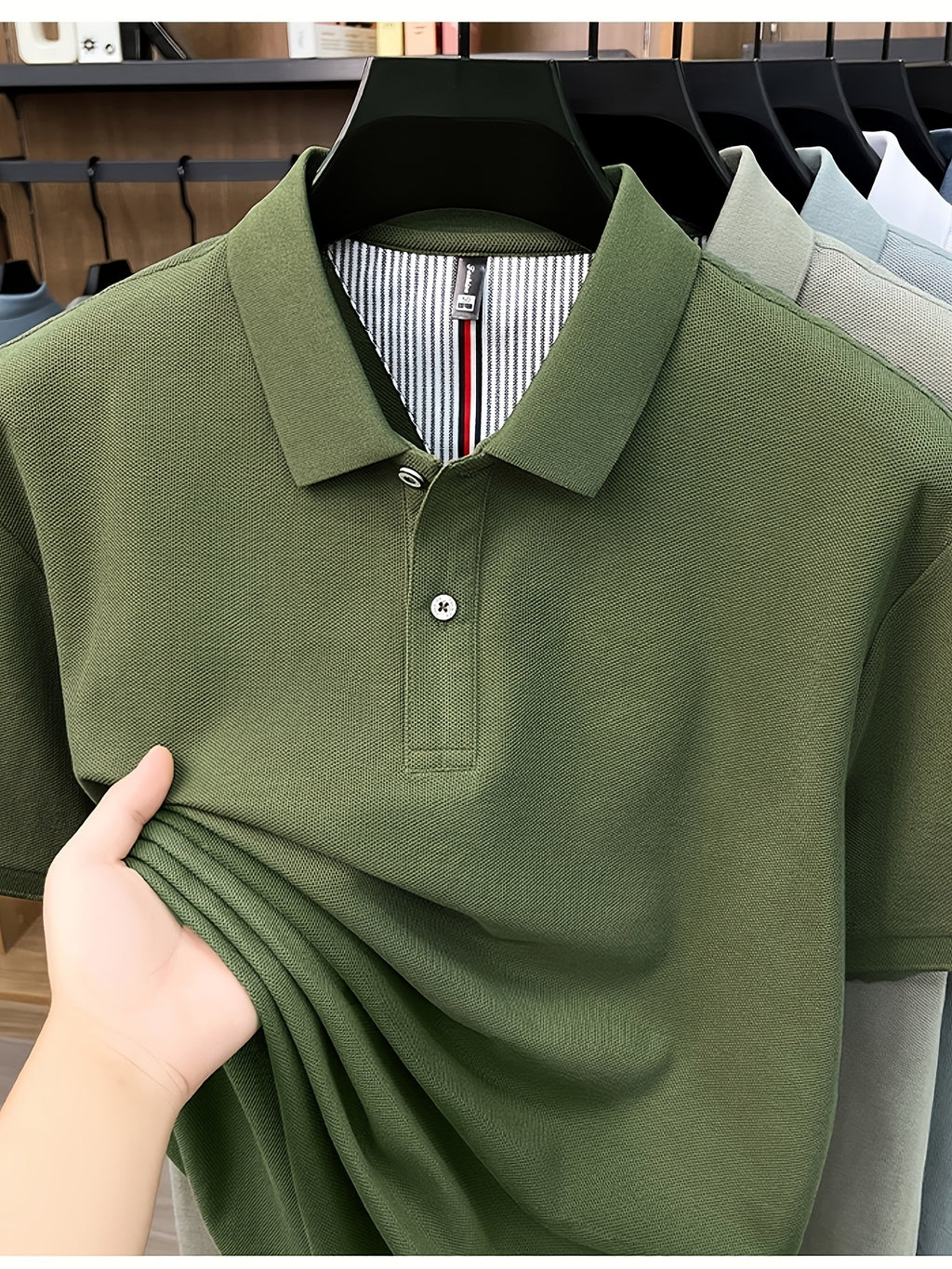 Men's Multi-Color Summer Pearl-Spun Mesh Long-Sleeve Polo Shirt with Contrast Lining and Lapel, Solid Color Simple Design, Skin-Friendly and Breathable, for Business Commuting, Daily Outings, Fishing Leisure, Mid-Life Men's Top - Military Green