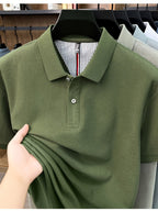 Men's Multi-Color Summer Pearl-Spun Mesh Long-Sleeve Polo Shirt with Contrast Lining and Lapel, Solid Color Simple Design, Skin-Friendly and Breathable, for Business Commuting, Daily Outings, Fishing Leisure, Mid-Life Men's Top - Military Green
