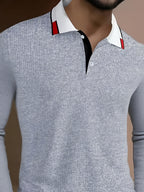 Men's waffle knit shirt paired with striped collar - breathable summer short sleeved casual long sleeved top, machine washable, suitable for outdoor and daily wear, striped pattern mix and match, smooth edge treatment, waffle texture fabric - Silvery Grey