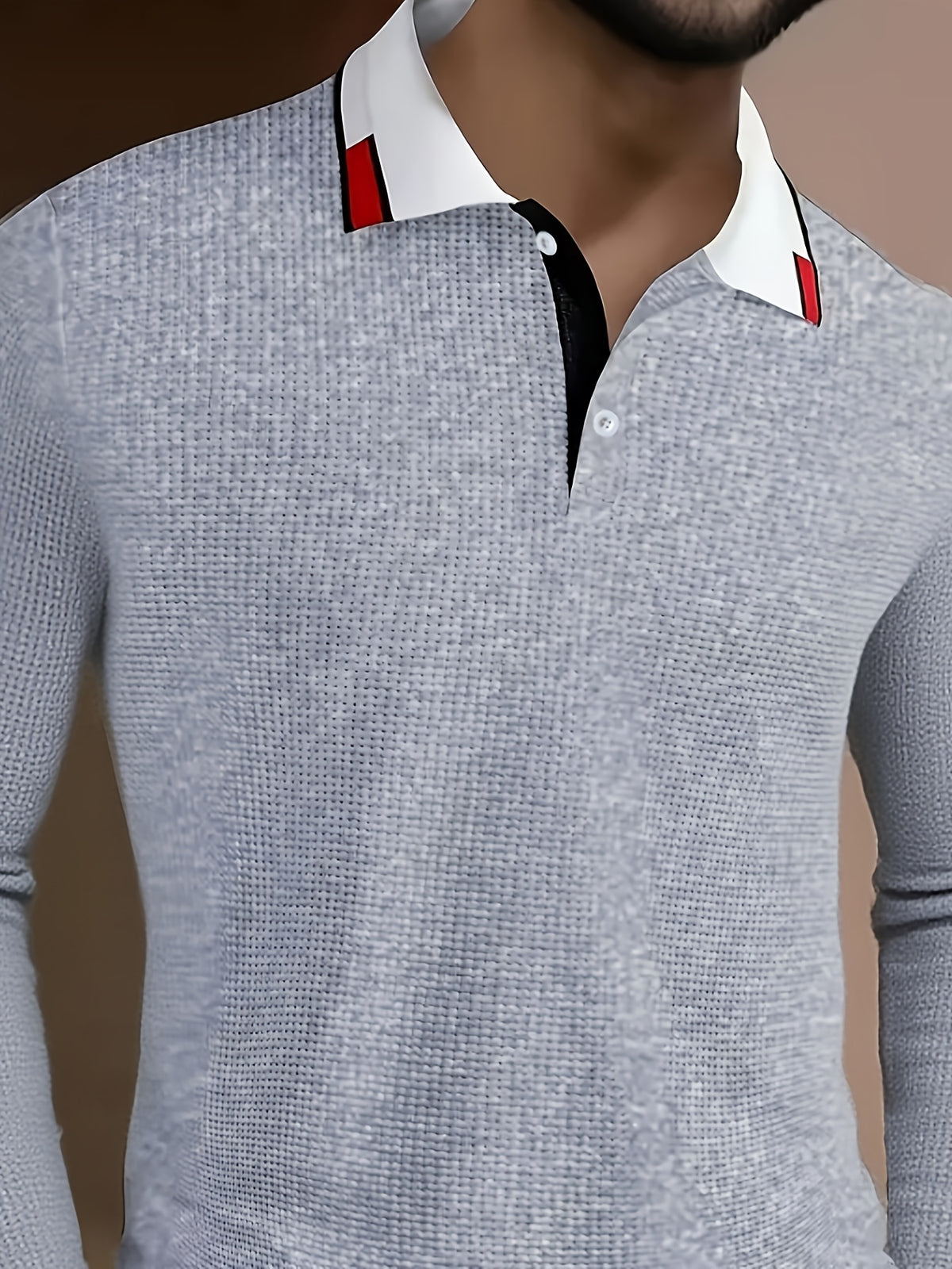 Men's waffle knit shirt paired with striped collar - breathable summer short sleeved casual long sleeved top, machine washable, suitable for outdoor and daily wear, striped pattern mix and match, smooth edge treatment, waffle texture fabric - Silvery Grey