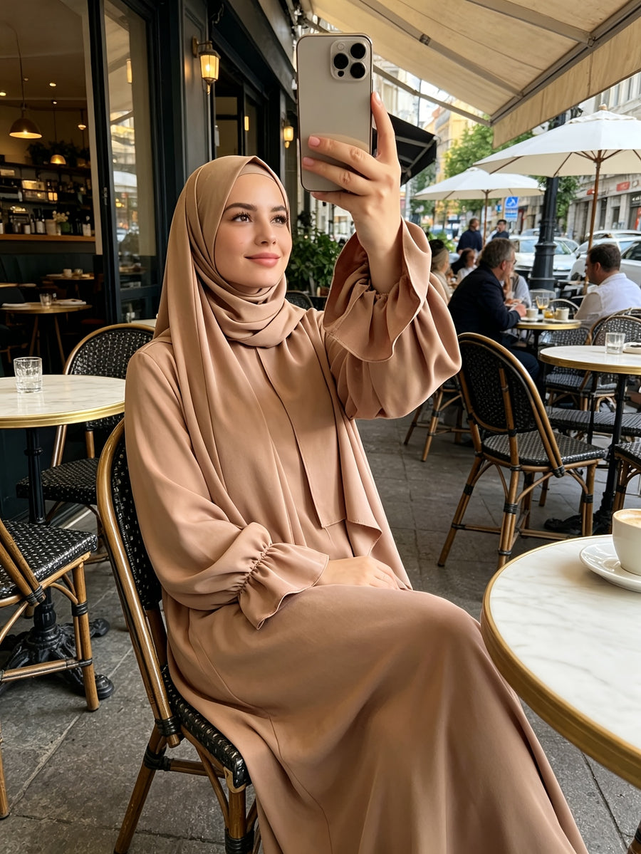 1pc Fashionable, Elegant and Casual One-piece Solid-colored Bellows Sleeve Suitable for Daily Wear. Loose and Comfortable Women's Abaya Robe.abayas for Women Muslim Kleider Damen Abaya for Women Stylish Khimar Ladies Abaya - Yellowish-brown