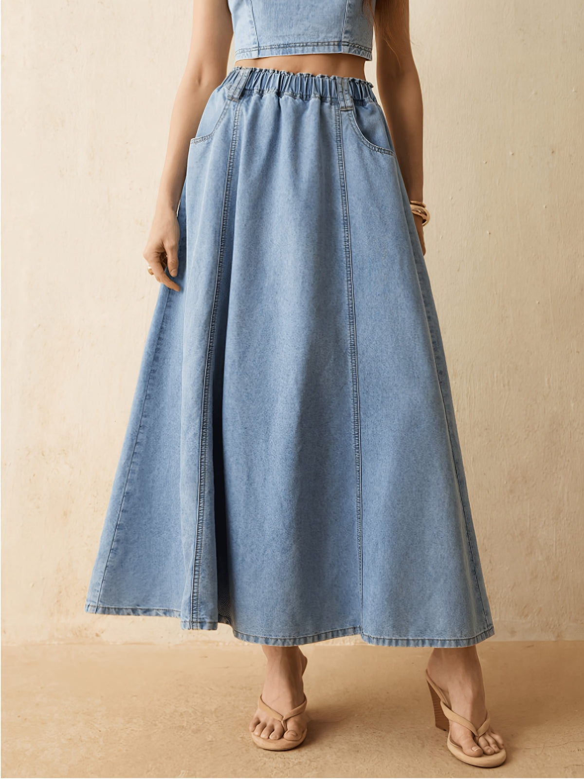 New Vacation Style Light Blue A-Line Denim Long Skirt, Elastic Waist Tiered Flared with Pockets, Perfect for Pairing with Short Tops for a French Casual Look, Ideal for Daily Wear And Vacations - Light Blue