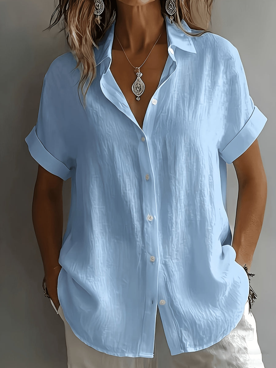 Women'S Elegant Vacation Style Short Sleeve Top, Loose Lazy Shirt, Commute Casual Literary Style, And Covering, Daily Temperament Style, Loose Drape, Breathable And Comfortable - Light Blue
