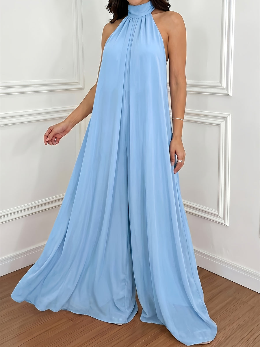Women'S Casual Vacation Chiffon Halter Neck Backless Wide-Leg Jumpsuit - Sky Blue