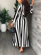Striped Print V-Neck Dress | Long Sleeve, Belted, Casual Style, Suitable for Spring/Fall - Black
