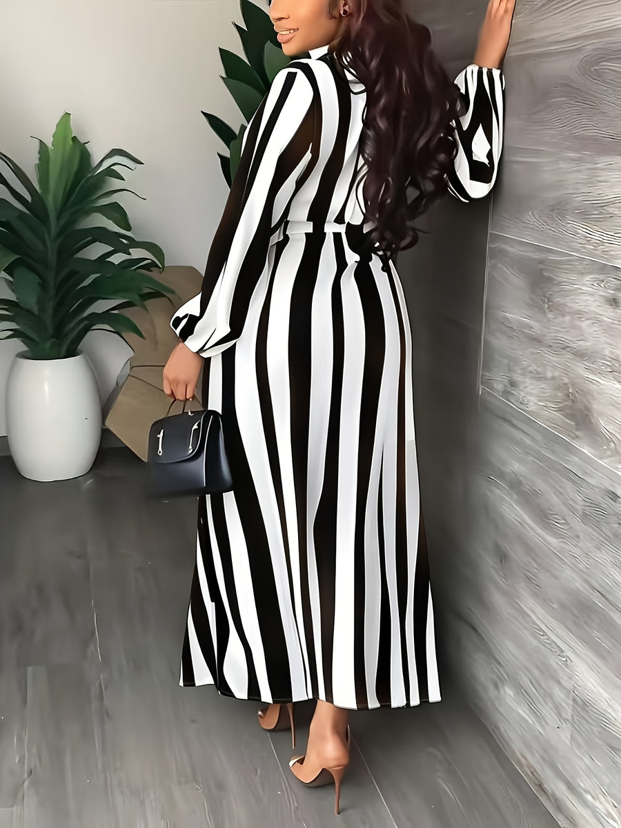Striped Print V-Neck Dress | Long Sleeve, Belted, Casual Style, Suitable for Spring/Fall - Black