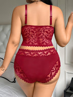 A Plus-Size Women'S Lace Patchwork Lingerie Set - Burgundy