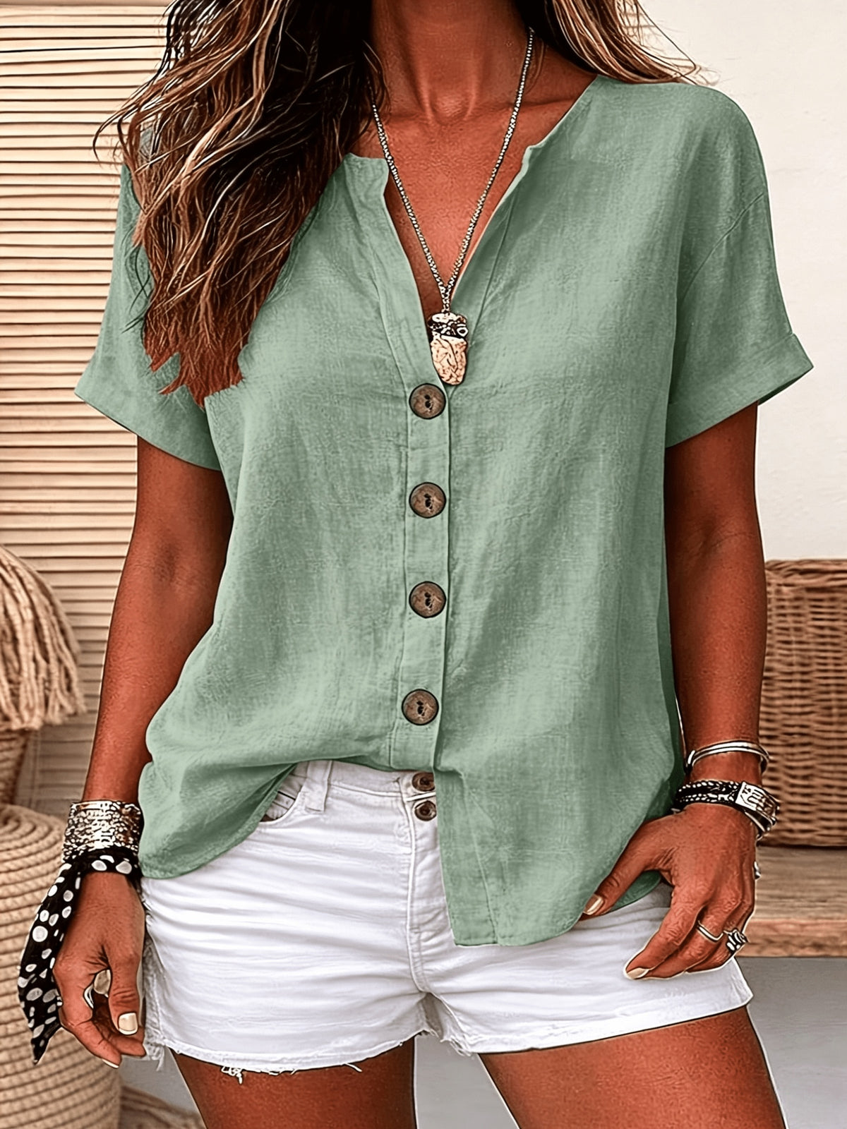 Women'S Shirt, Button-Design, Solid Color, Casual Daily Wear, Short Sleeve V-Neck, Regular Style Top, Suitable for Spring, Summer, And Autumn - Green