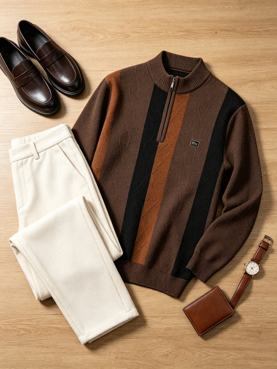 Men's Half-Zip Stand Collar Color-Block Knit Sweater, Cable Textured Pullover, Retro Sporty Fall Winter Top - Dark Brown