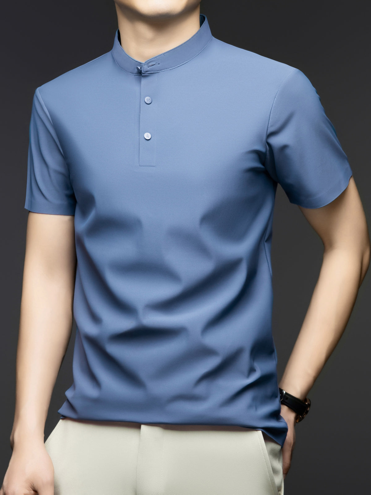 Men's Summer Mid-Life Seamless Stand Collar Short Sleeve T-Shirt, Solid Color Polyamide-Spandex Breathable Half-Sleeve Tee - Grey-blue
