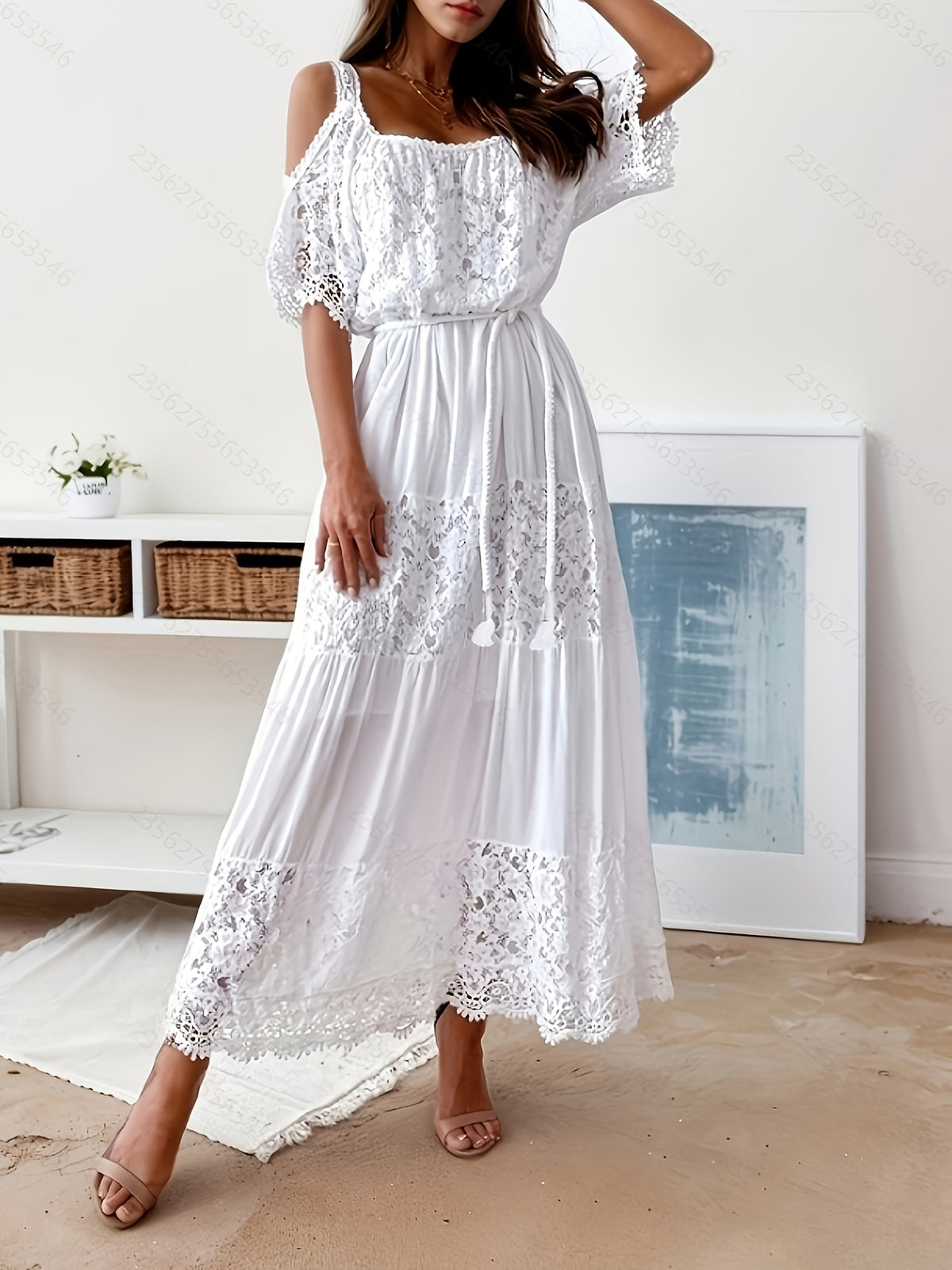 Latest Global Style Women's Bridesmaid Dress, Solid Color No Print, Casual and Appropriate, Fitted at the Top and Loose at the Bottom, Detailed Waistband, High-End Feel Wedding Guest Attire - White
