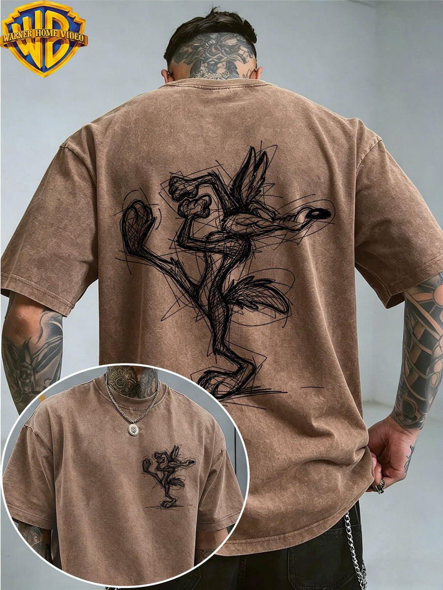 Officially Licensed by Warner. Featuring The Cartoon Print of Le Yitong'S Mischievous Wolf. This Men'S Distressed T-Shirt Is a New Summer Style with Faded And Retro Look. Perfect for Daily Wear - Coffee Color