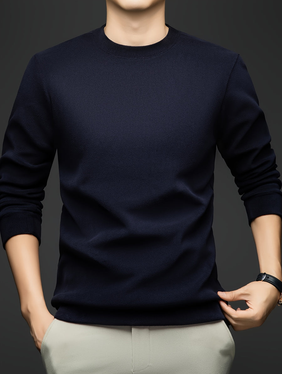 Autumn/Winter Men's -Lined Thickened Warm Base Layer Shirt, Crew Neck Long Sleeve T-Shirt, Solid Color Stretchy Inner Layer Casual Sweatshirt Top - Shangqing