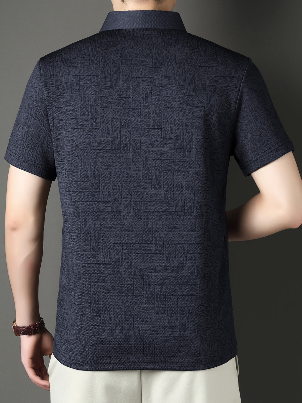 New Summer Men's Geometric Mahjong Tile Short-Sleeve Shirt, Men's Business Casual Fashion Lapel Pullover Executive Top - Navy Color