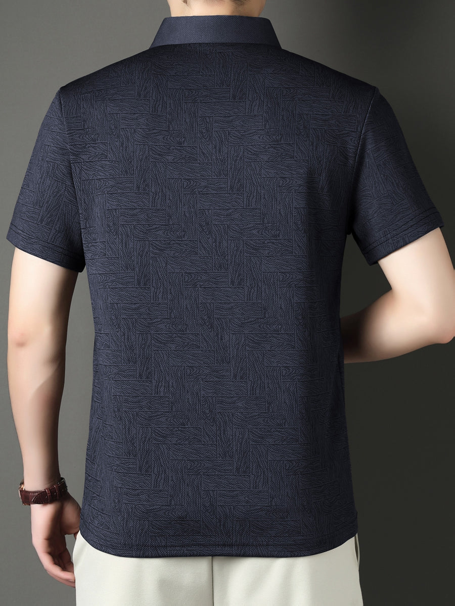 New Summer Men's Geometric Mahjong Tile Short-Sleeve Shirt, Men's Business Casual Fashion Lapel Pullover Executive Top - Navy Color