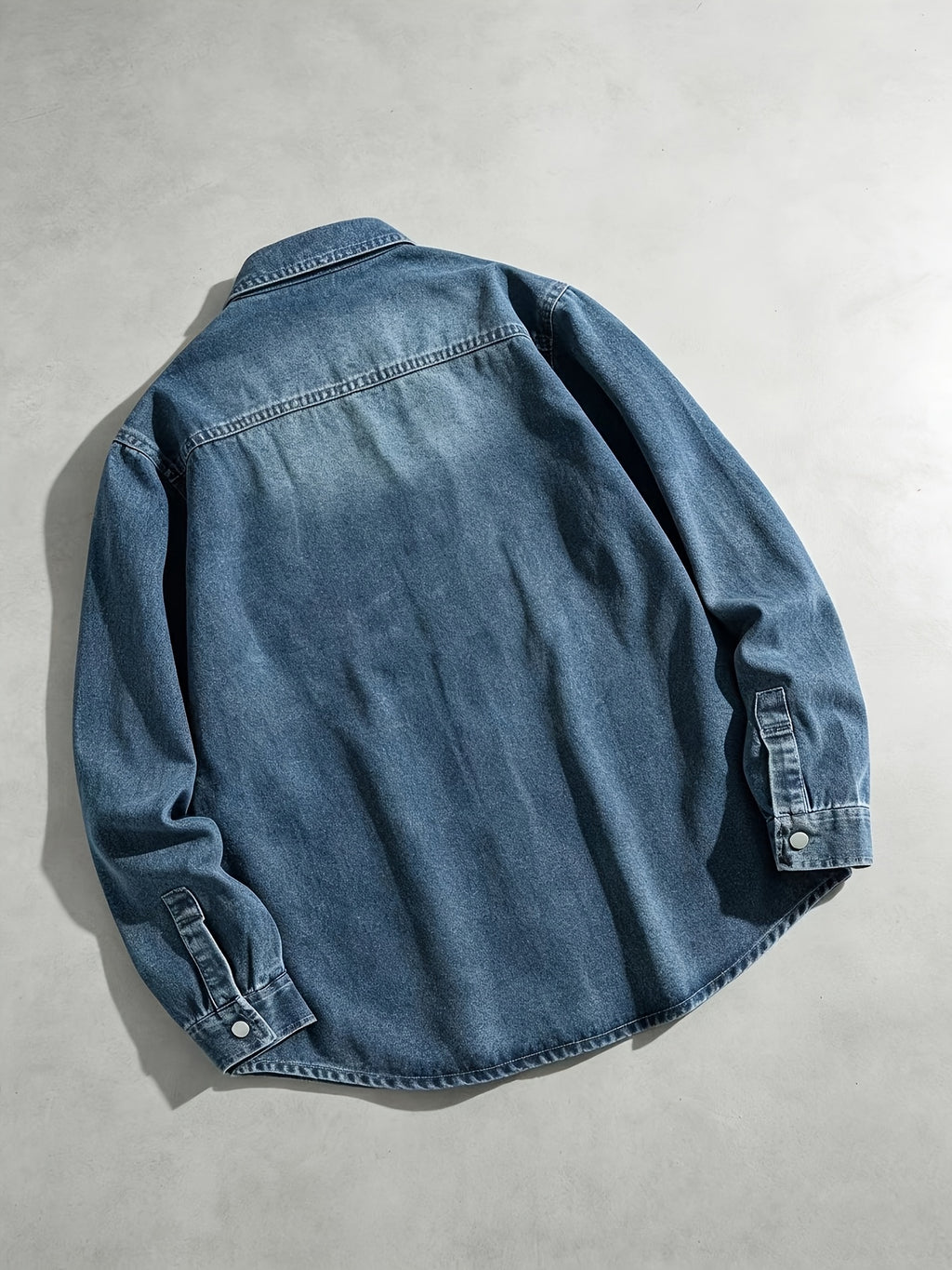 [Know And Give OBM] Men'S Loose Denim Shirt, Lapel Long Sleeve Denim Jacket, Double Pocket Casual Loose Shirt, Daily Streetwear - Light Blue