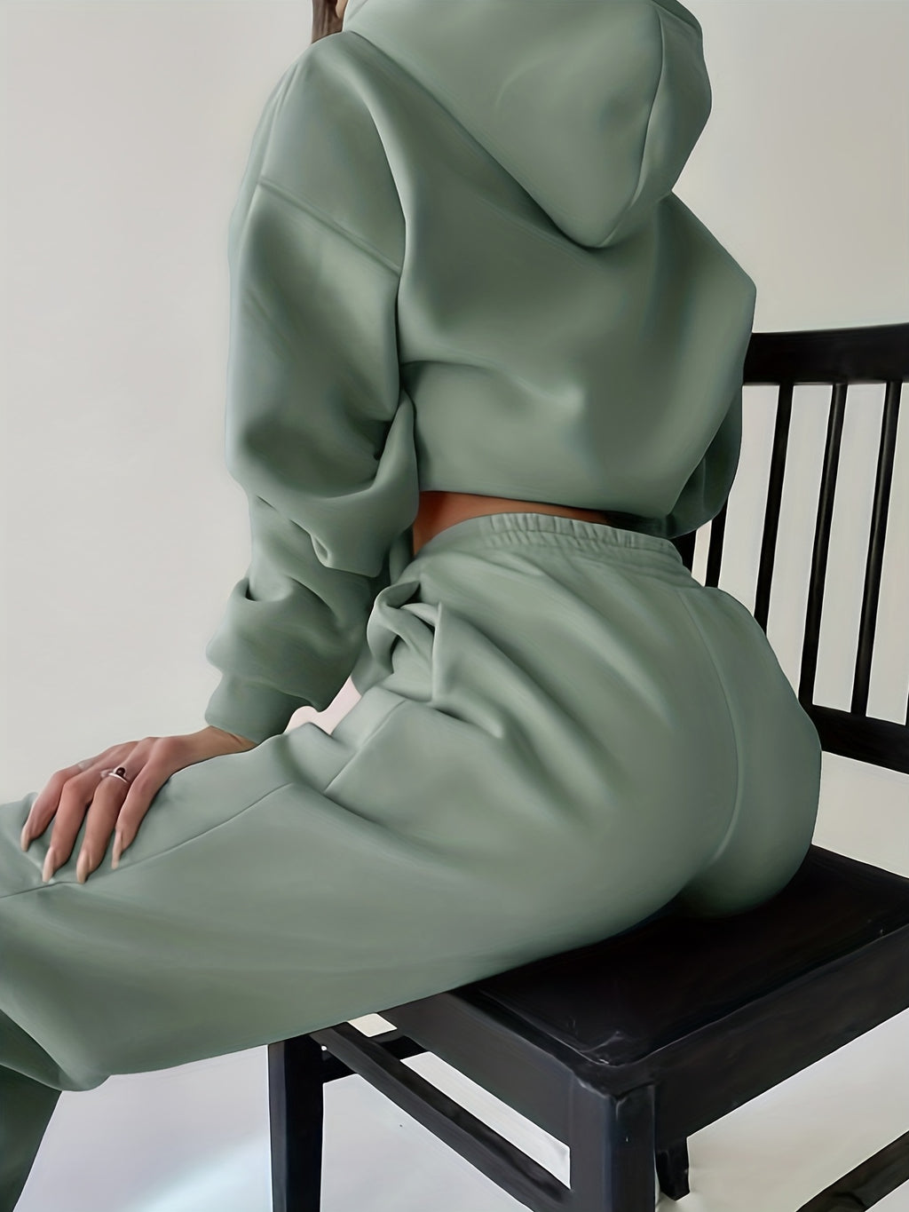 Women's Autumn/Winter New Hooded Sweatshirt Solid Color Set - Bean Green