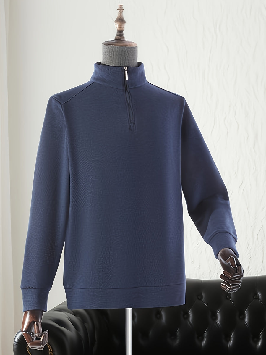 Men'S Half-Zip Stand Collar Knit Sweater, Semi-Open Zipper Placket Ribbed Hem, Business Casual Spring Autumn Regular Fit for Commute And Daily Wear - Navy Color