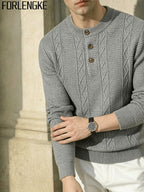 FORLENGKE Men Business Casual Henley Collar Cable Knit Sweater, Soft Warm Long Sleeve Pullover Tops for Autumn Winter Office Daily Wear - Grey