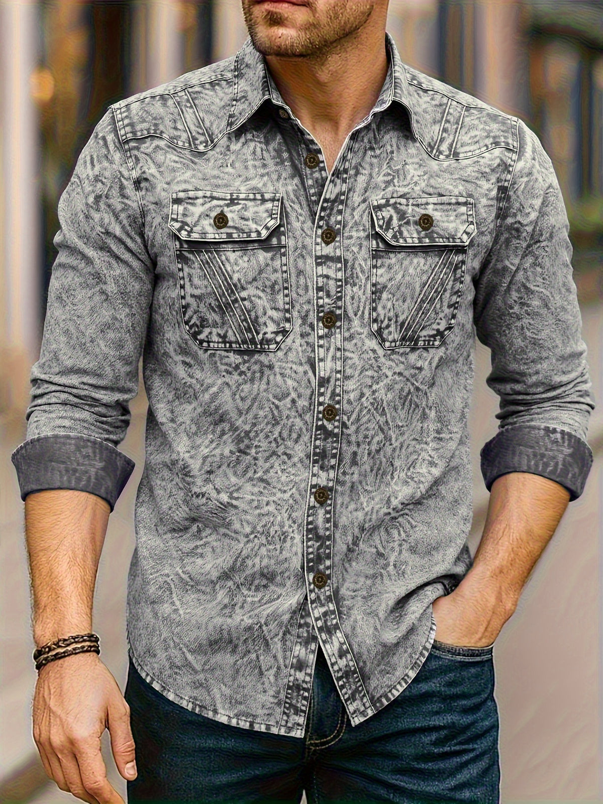 Autumn Men'S Denim Jacket Coat Long Sleeve Inner Outer Shirt Fashion New Style Shirt Casual Coat Premium Feel Double Pocket Hand Wash Denim Collar Shirt Classic Versatile Top Vintage Tie-Dye Denim Shirt Trendy Outerwear - Silvery Grey