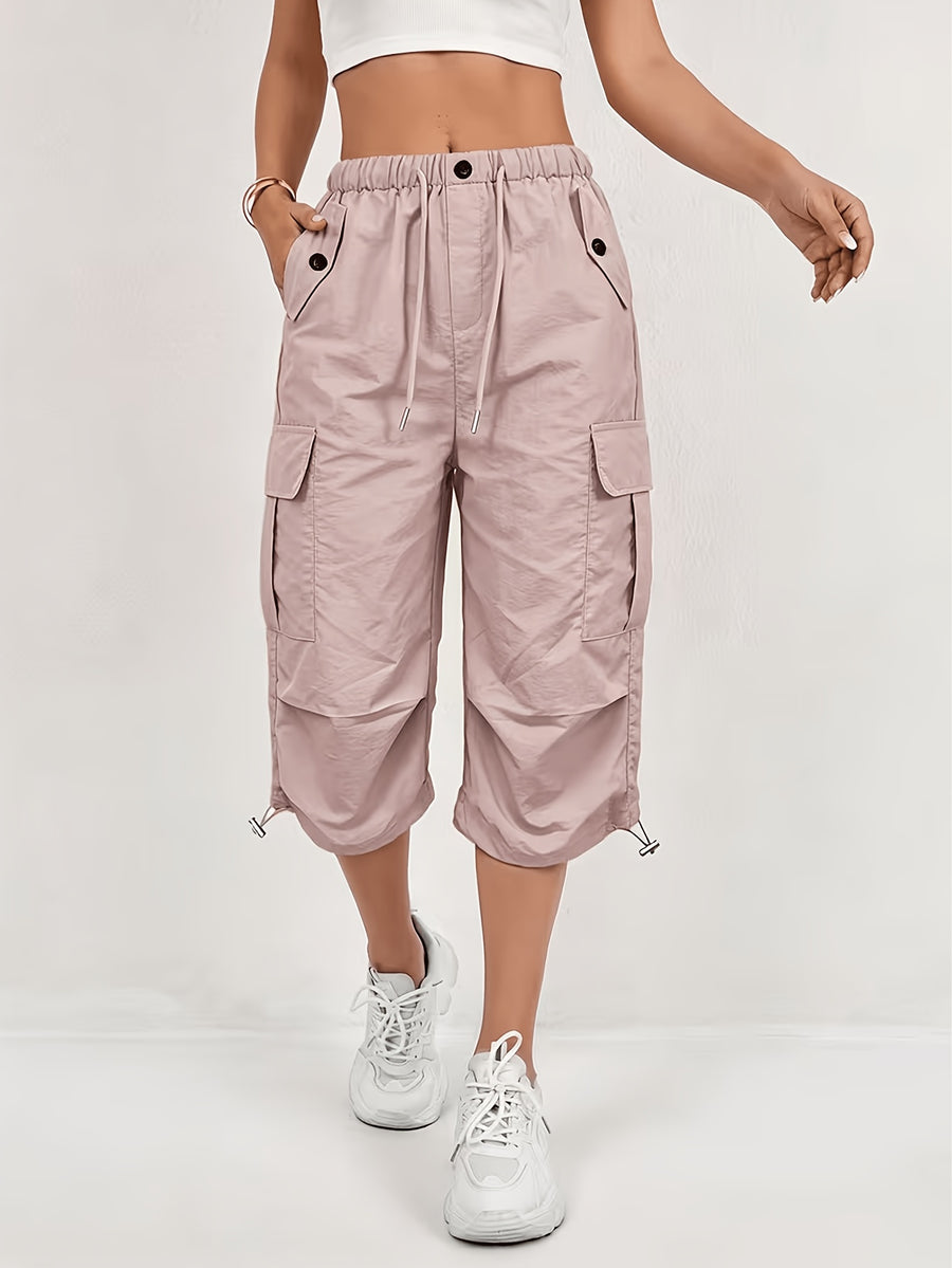 Women'S Quick-Dry Cargo Capri Pants with Elastic Waist And Drawstring - Lightweight Stretch Suitable for Outdoor Pants, Multi-Trousers, Machine Washable Loose-Fit Mid-Length for Travel, Casual Attire - Pink Color
