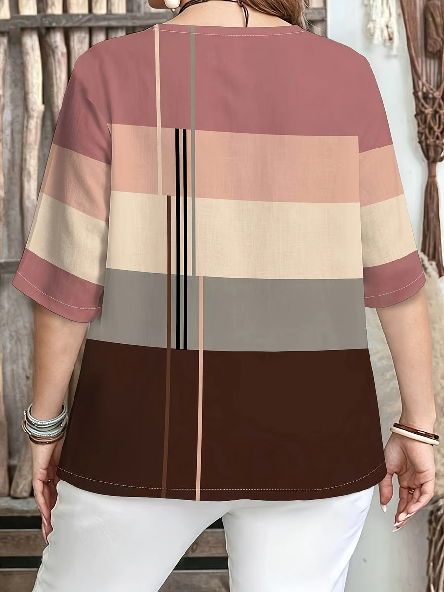 Printed Design – Not Textured. Women's Casual Button-Patch Colorblock V-Neck Three-Quarter Sleeve T-Shirt, a Perfect Gift for. - Mixed Color H