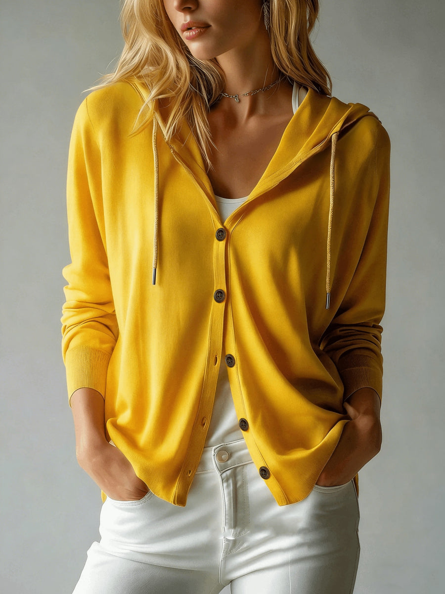 Women's Button Cardigan with a Hood, Drawstring Hood Design, French Style, European and American Style, Casual, Loose, All-season Versatile, Can Be Worn Alone or as an Outer Layer, Suitable for Daily Commuting and Various Occasions. - Golden