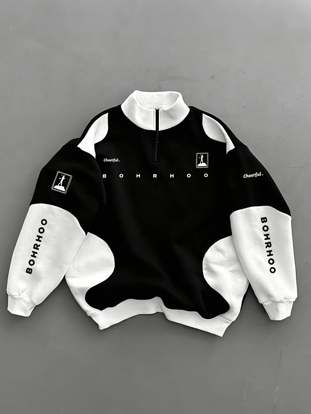 New Autumn Winter Men'S Half-Zip Stand-Up Collar Sweatshirt, Black And White Irregular Patchwork Design, Trendy Print, Double Sleeve Vertical Same Font Logo, Suitable for Campus Outings, Urban Commuting, Street Exploration, Short Outdoor Trips - Black