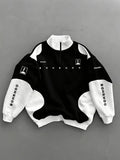 New Autumn Winter Men'S Half-Zip Stand-Up Collar Sweatshirt, Black And White Irregular Patchwork Design, Trendy Print, Double Sleeve Vertical Same Font Logo, Suitable for Campus Outings, Urban Commuting, Street Exploration, Short Outdoor Trips - Black