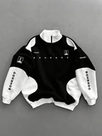 New Autumn Winter Men'S Half-Zip Stand-Up Collar Sweatshirt, Black And White Irregular Patchwork Design, Trendy Print, Double Sleeve Vertical Same Font Logo, Suitable for Campus Outings, Urban Commuting, Street Exploration, Short Outdoor Trips - Black