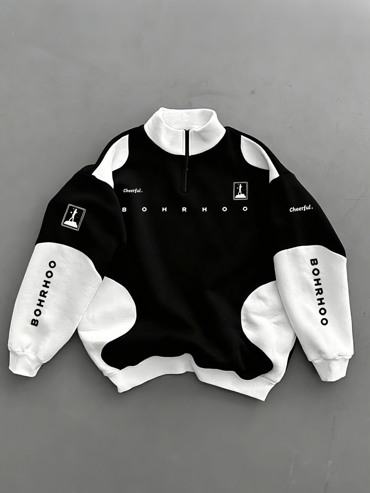 New Autumn Winter Men'S Half-Zip Stand-Up Collar Sweatshirt, Black And White Irregular Patchwork Design, Trendy Print, Double Sleeve Vertical Same Font Logo, Suitable for Campus Outings, Urban Commuting, Street Exploration, Short Outdoor Trips - Black