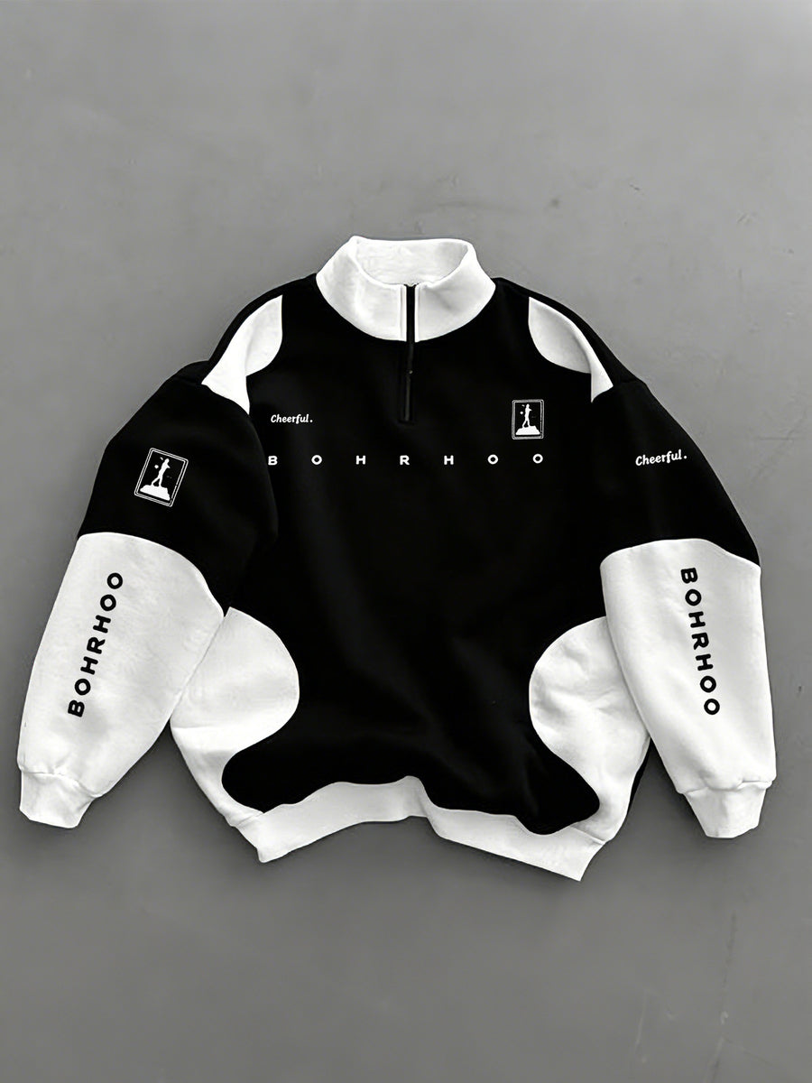 New Autumn Winter Men'S Half-Zip Stand-Up Collar Sweatshirt, Black And White Irregular Patchwork Design, Trendy Print, Double Sleeve Vertical Same Font Logo, Suitable for Campus Outings, Urban Commuting, Street Exploration, Short Outdoor Trips - Black