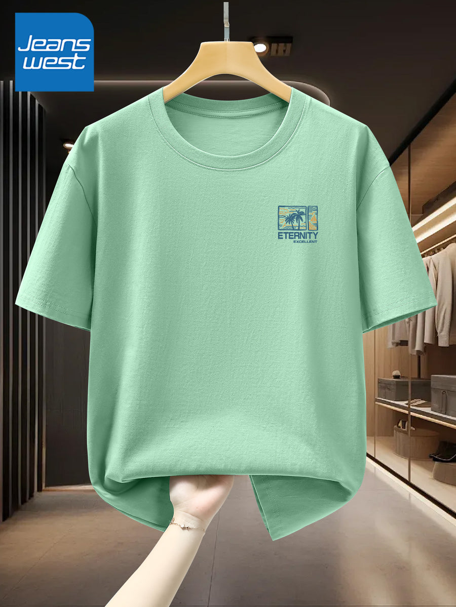 100% Men'S Summer Casual T-Shirt, Loose Fit - Light Green