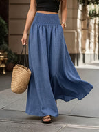 Women's Solid Color Minimalist Fashion Versatile Casual Waist Pleated A-Line Skirt with Faux Pocket Design, Navy Blue Elegant and Flowy A-Line Maxi Skirt, Textured Fabric, Suitable for Summer Beach Vacation, Casual Bohemian Style Daily Wear - Blue